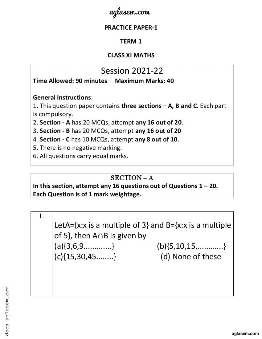 Class 11 Sample Paper 2022 Maths Term 1 - Page 1