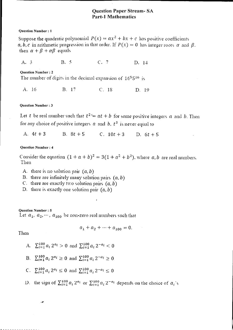 KVPY 2016 Question Paper with Answer Key for SA Stream