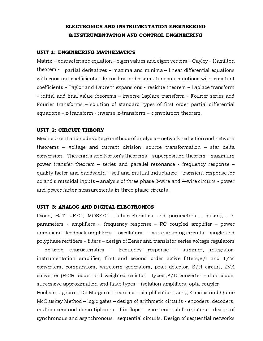 TN TRB Polytechnic Lecturer 2019-2020 Syllabus for Electronics and Instrumentation - Page 1