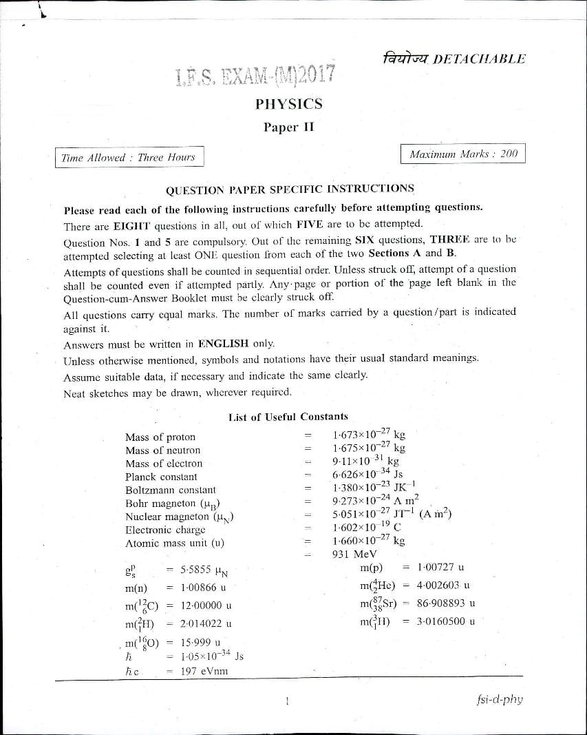 UPSC IFS 2017 Question Paper for Physics Paper-II - Page 1