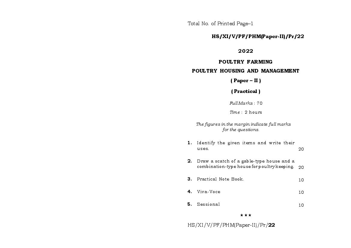 MBOSE Class 11 Question Paper 2022 for Poultry Housing and Management (Practical) - Page 1