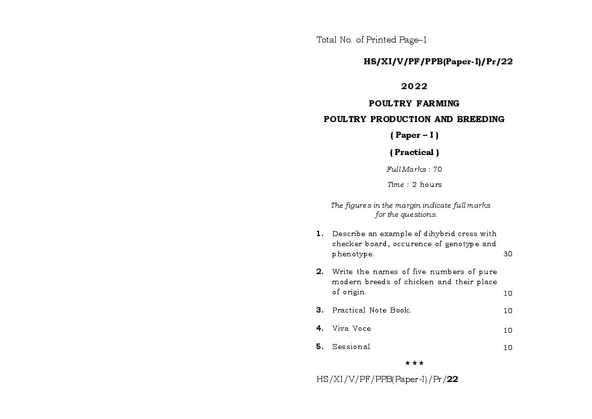 MBOSE Class 11 Question Paper 2022 for Poultry Production and Breeding (Practical) - Page 1