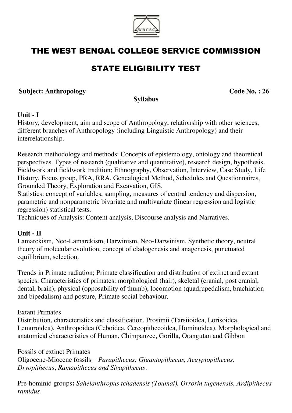 WB SET Syllabus for Anthropology - Page 1