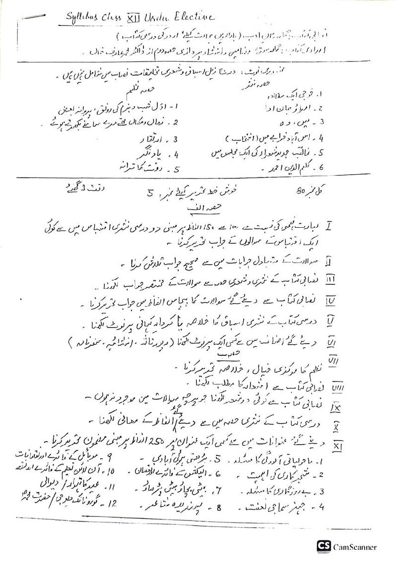 PSEB 12th Class Syllabus 2025 Urdu Elective - Page 1