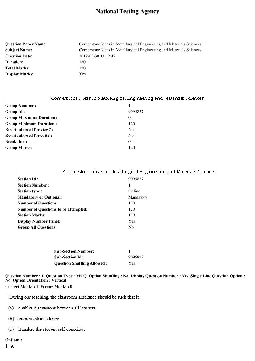 ARPIT 2019 Question Paper for Cornerstone Ideas in Metallurgical Engineering and Materials Science - Page 1 of 35