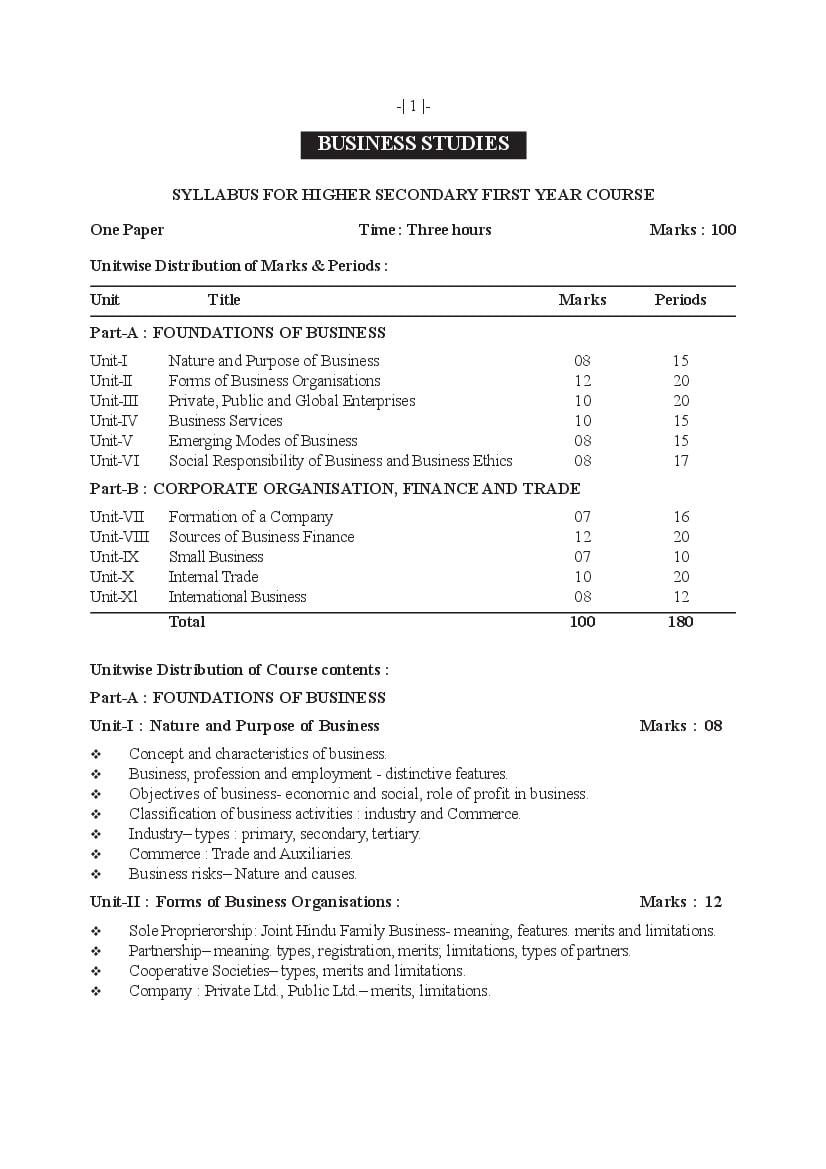 AHSEC 1st Year Syllabus Business Studies - Page 1