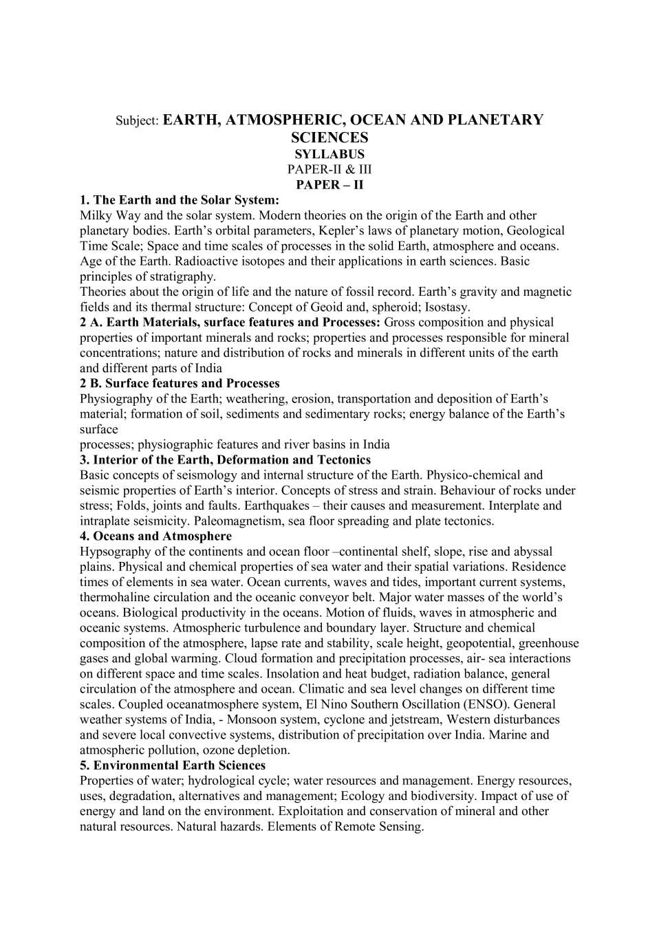 WB SET Syllabus for  Earth, Atmospheric, Ocean And Planetary Sciences - Page 1