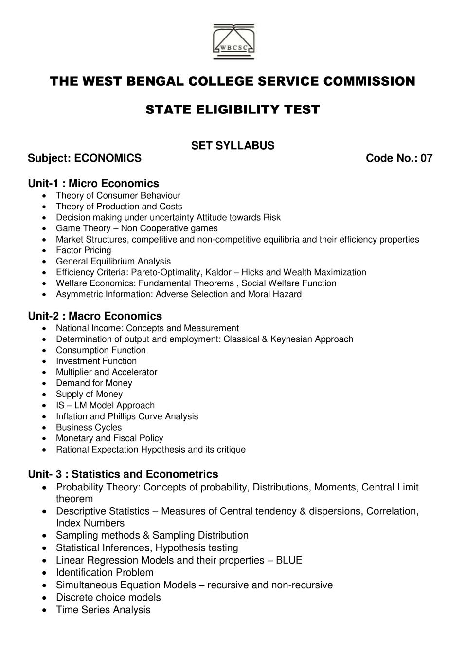 WB SET Syllabus for Economics - Page 1