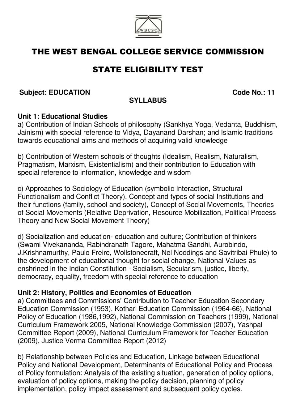 WB SET Syllabus for Education - Page 1
