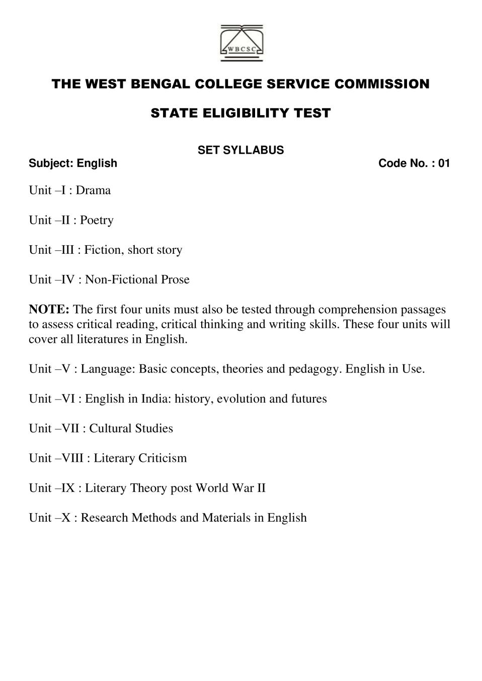 WB SET Syllabus for English - Page 1