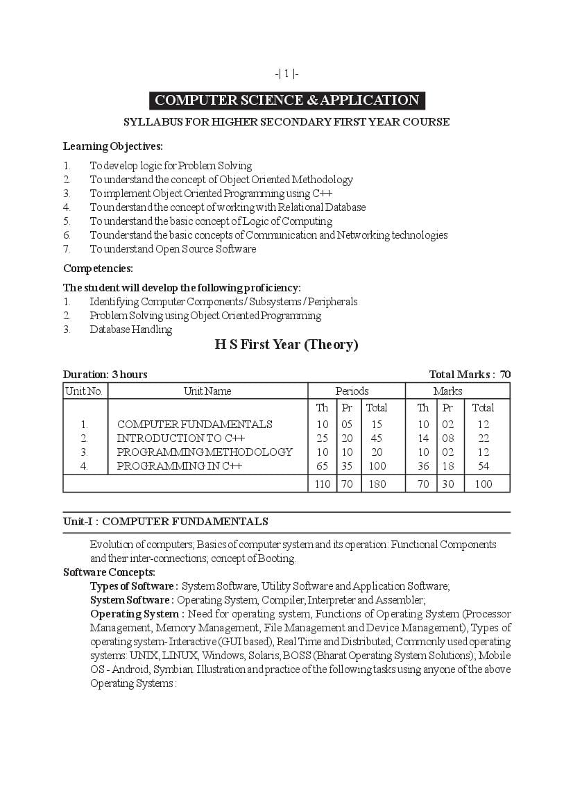 AHSEC 1st Year Syllabus Computer Science Application - Page 1