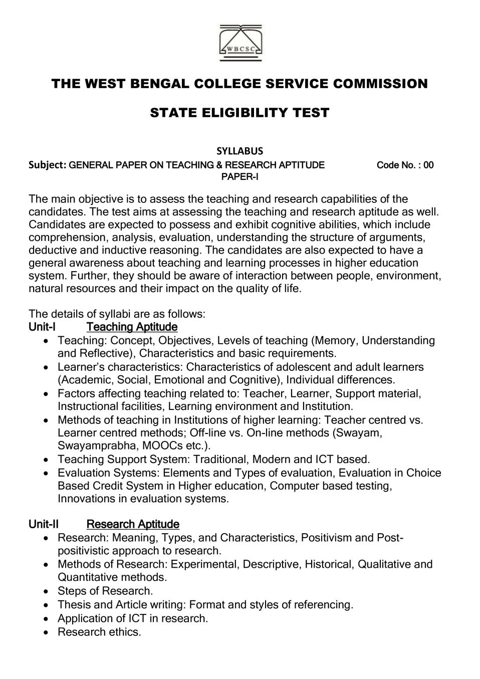 WB SET Syllabus for General - Teaching And Research Aptitude - Page 1