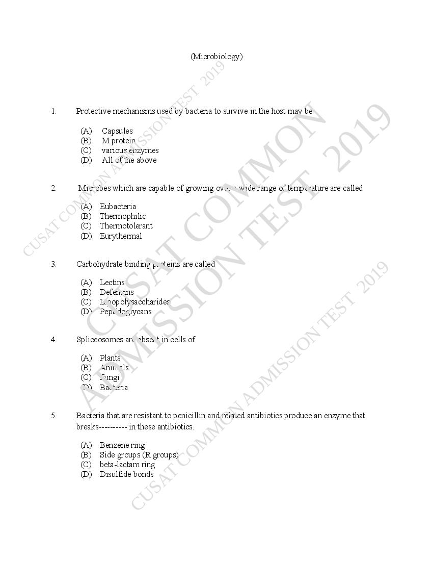 CUSAT CAT 2019 Question Paper Microbiology - Page 1