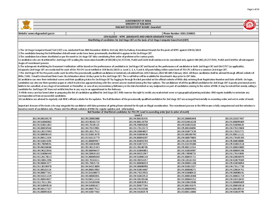 RRB Guwahati NTPC CBT 1 Result 2022 Level 2 - Page 1