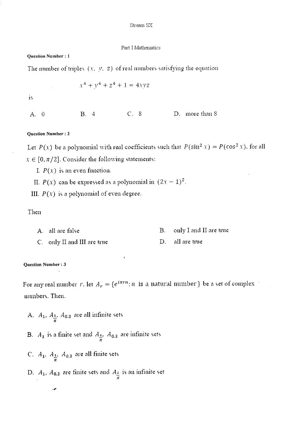 KVPY 2016 Question Paper with Answer Key for SB/SX Stream - Page 1