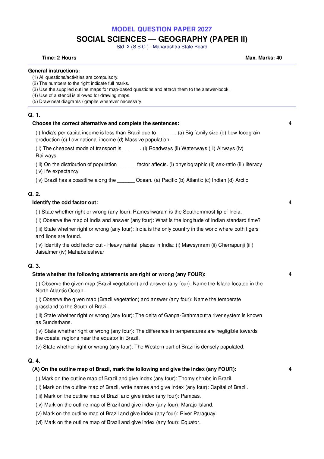 Maharashtra 10th Std Model Question Paper 2027 Geography - Page 1 of 3