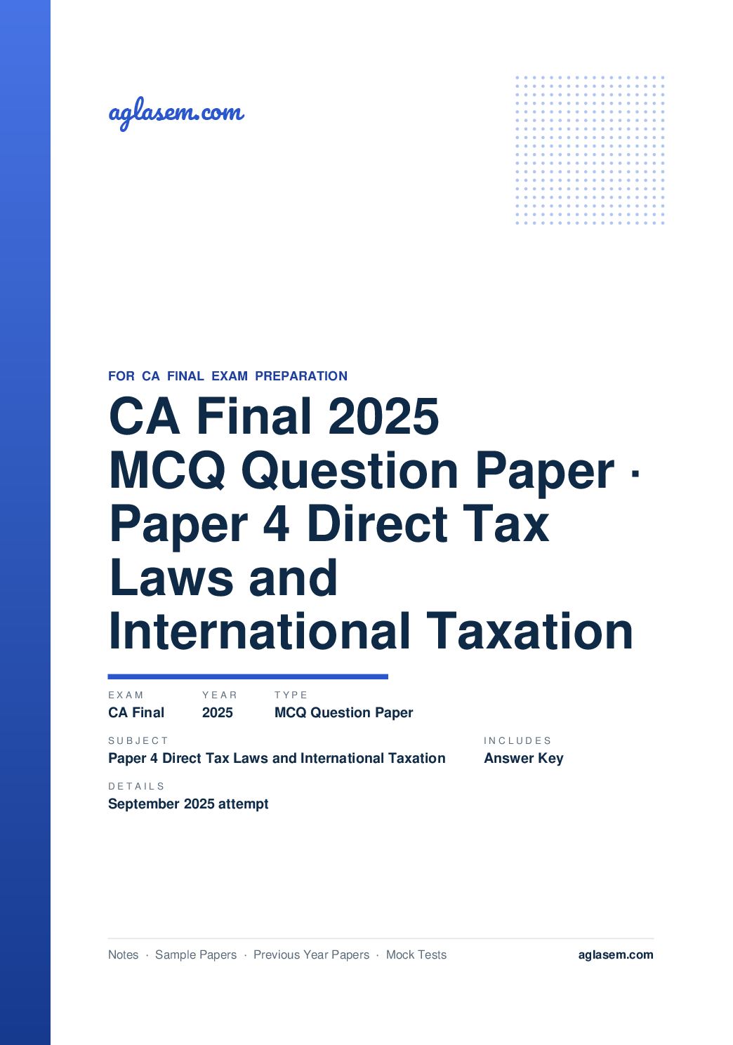 CA Final September 2025 MCQ Question Paper with Answer Key Paper 4 Direct Tax Laws and International Taxation - Page 1 of 14