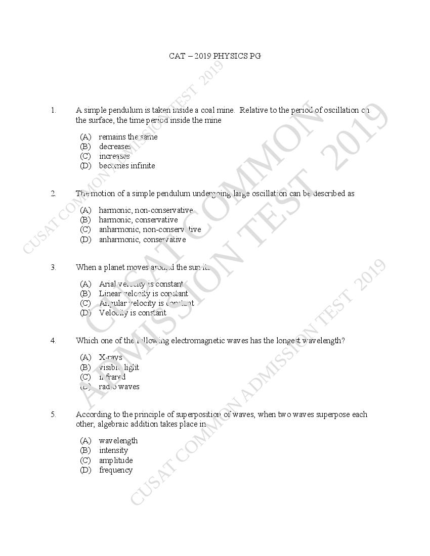 CUSAT CAT 2019 Question Paper Physics - Page 1