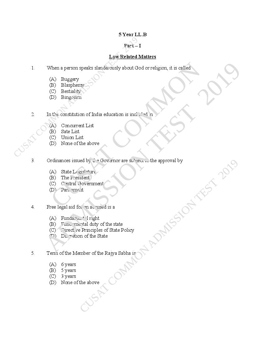 CUSAT CAT 2019 Question Paper V Year LLB - Page 1