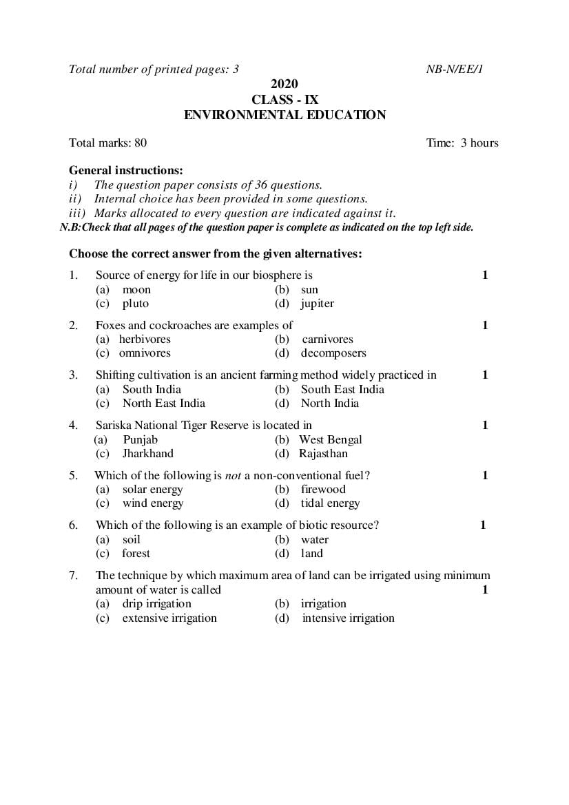 NBSE Class 9 Question Paper 2020 Environmental Education - Page 1