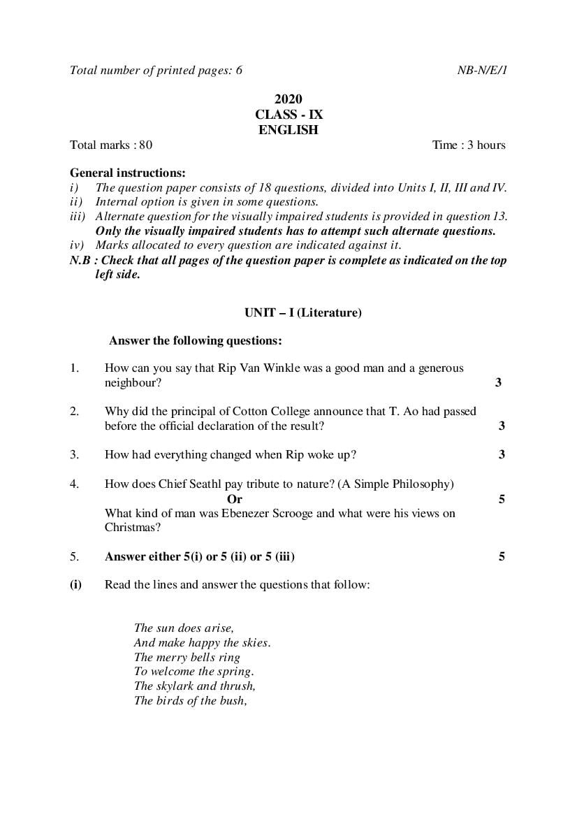 NBSE Class 9 Question Paper 2020 English - Page 1
