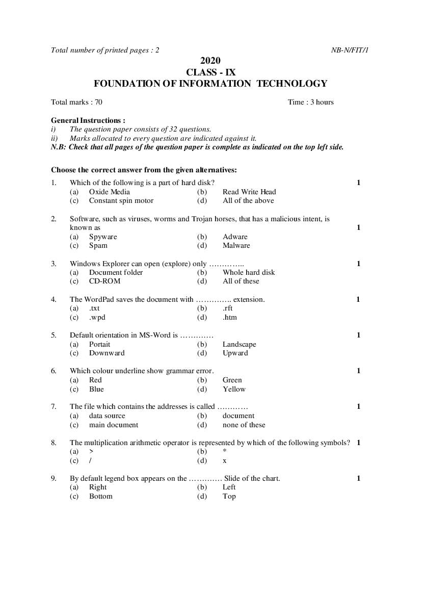 NBSE Class 9 Question Paper 2020 Foundation of Information Technology - Page 1