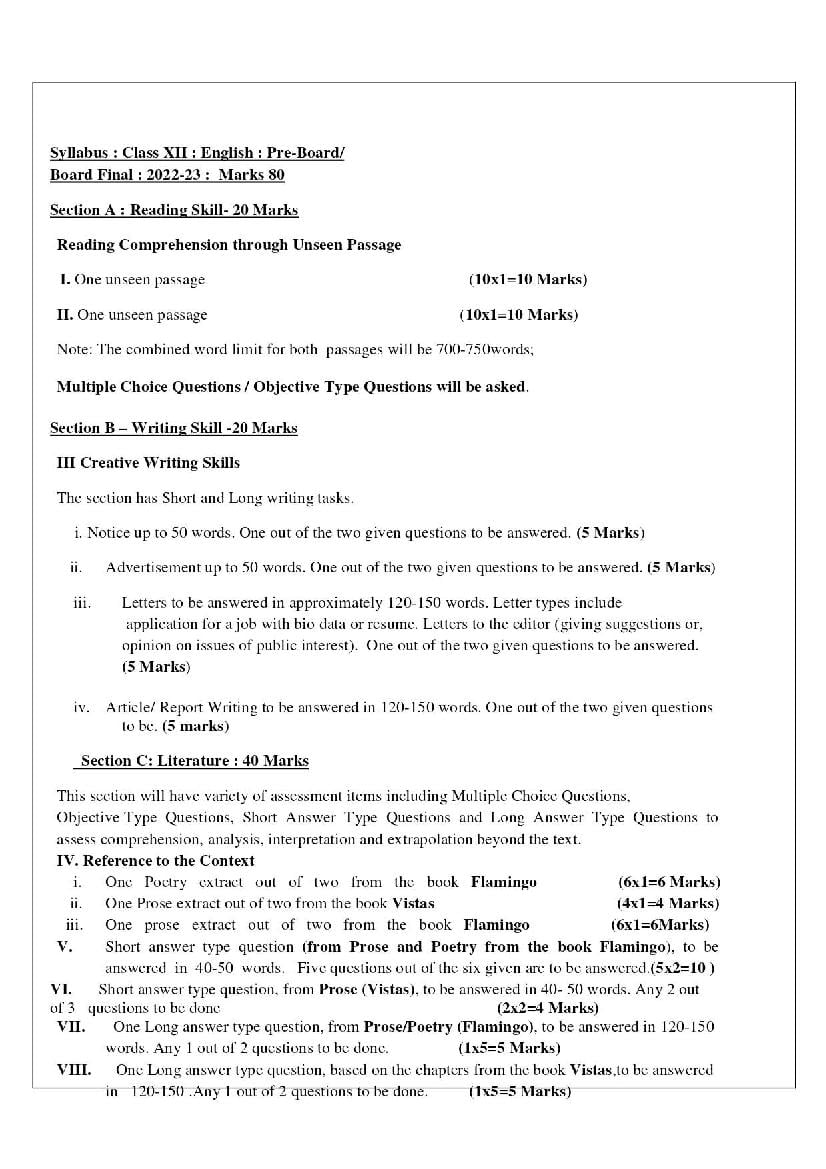 TBSE Class 12 Syllabus 2023 English - Page 1