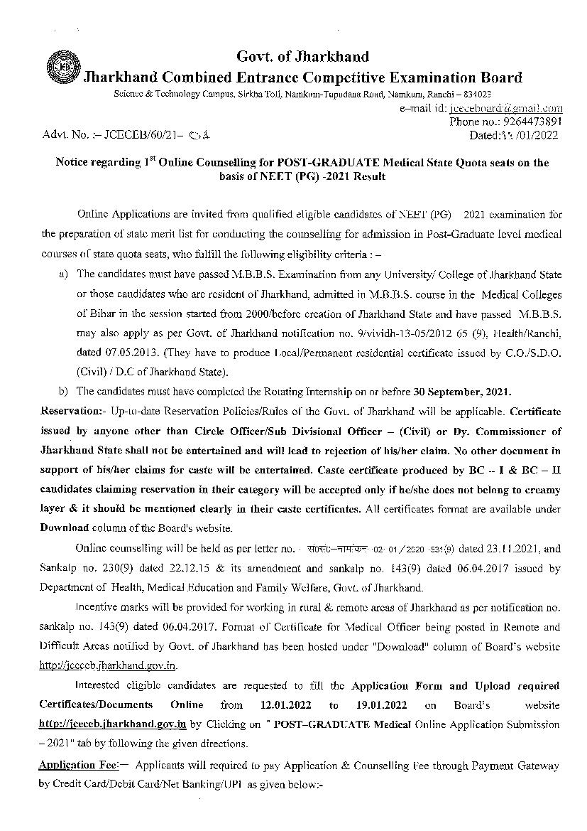 JCECEB PG Medical Admission 2021 1st Round Counselling Notice - Page 1