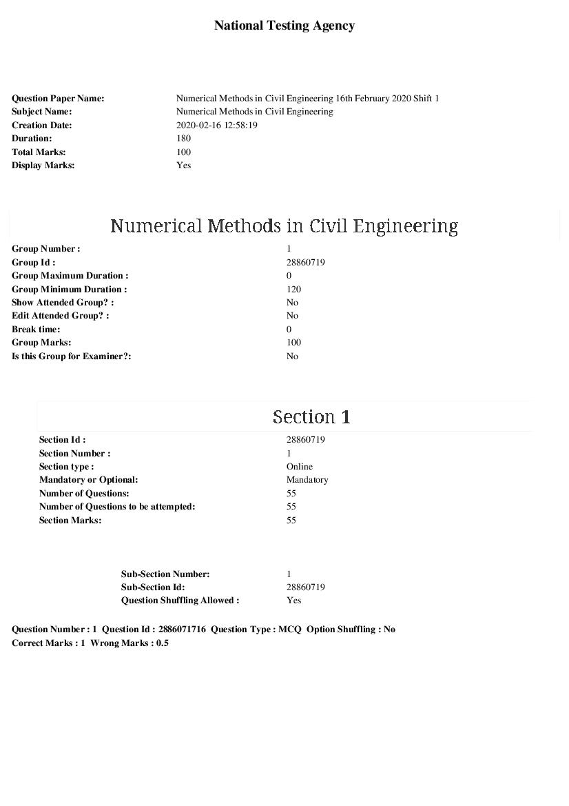 ARPIT 2020 Question Paper for Numerical Methods in Civil Engineering - Page 1 of 37