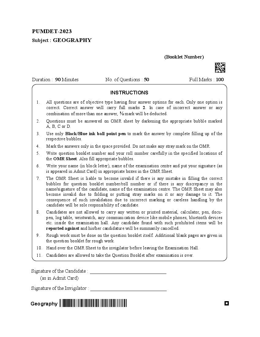 PUMDET 2023 Question Paper Geography - Page 1