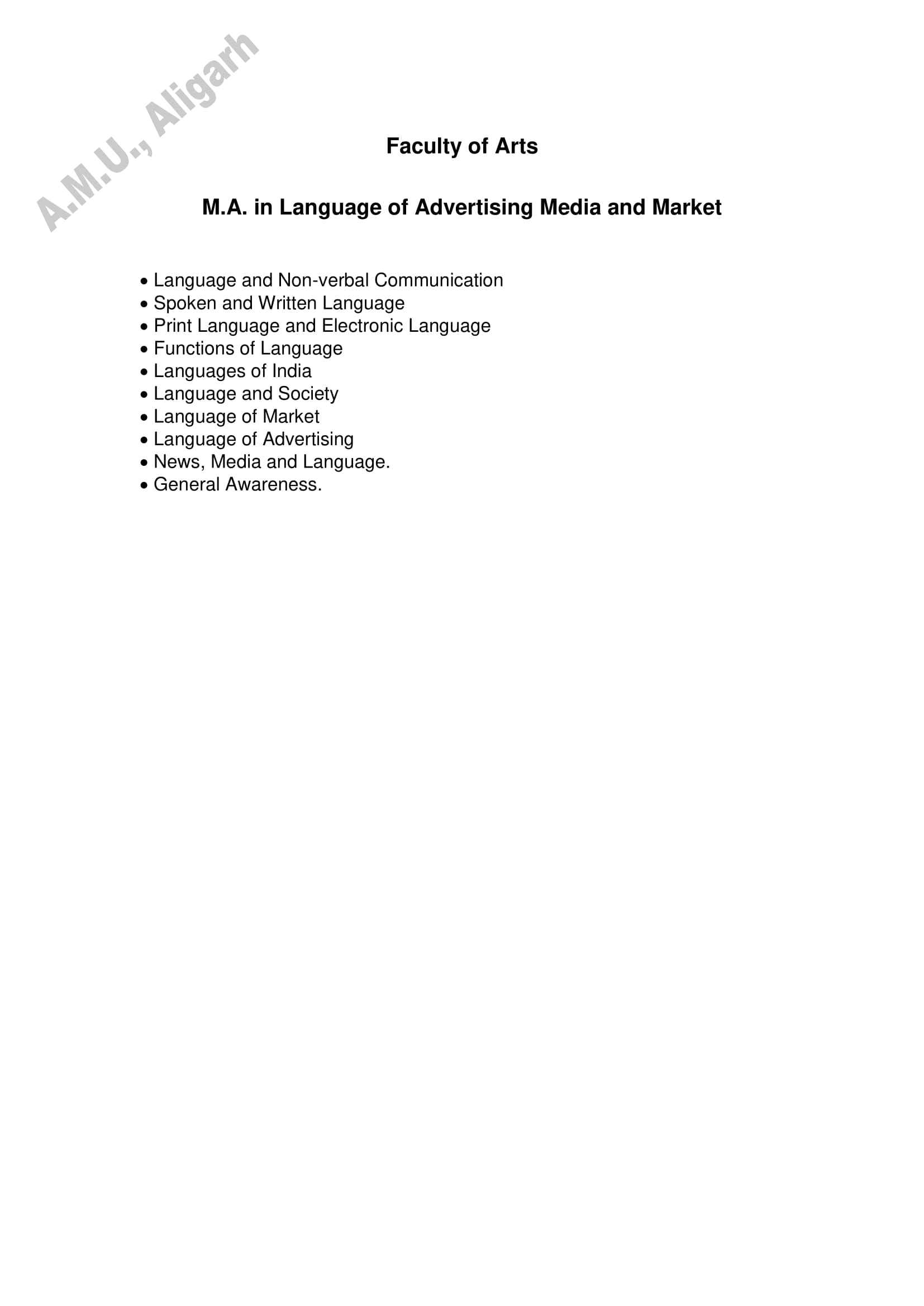AMU Entrance Exam Syllabus for M.A. in Language of Advertising Media and Market - Page 1