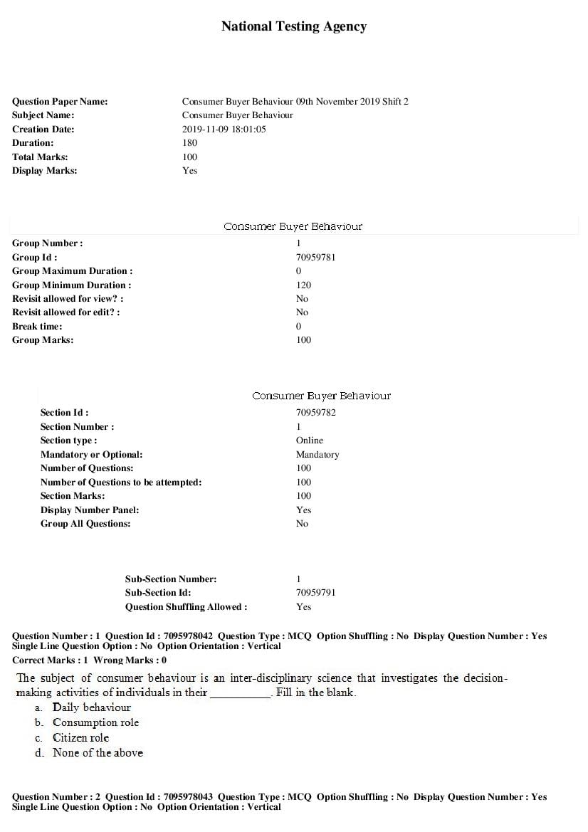 SWAYAM 2019 Question Paper Consumer Buyer Behaviour - Page 1 of 22