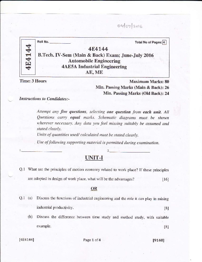 RTU 2016 Question Paper Semester IV Automobile Engineering Industrial Engineering - Page 1