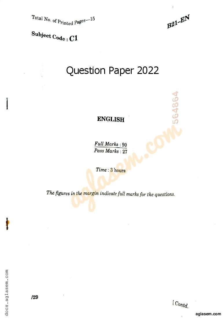 SEBA Class 10 Question  Paper 2022 English - Page 1