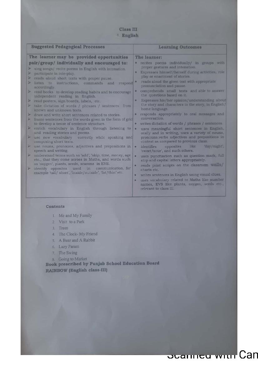 PSEB Syllabus 2021-22 for Class 3 English - Page 1