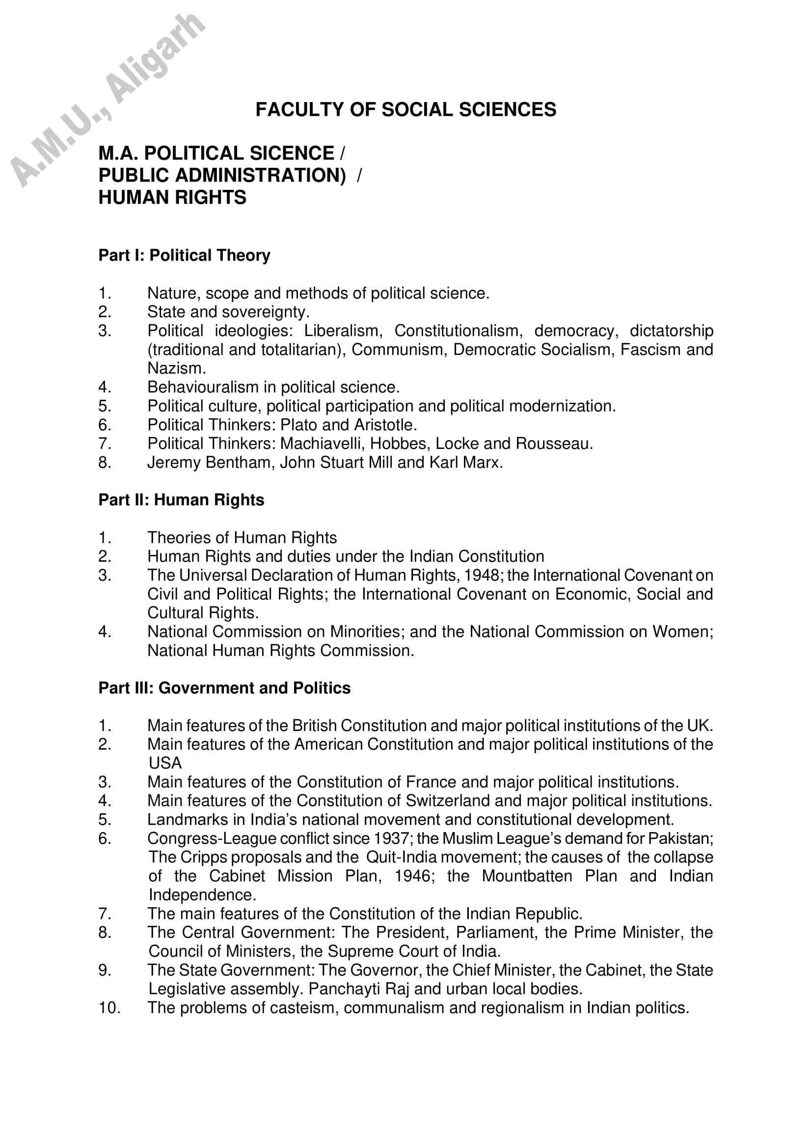 AMU Entrance Exam Syllabus for M.A. in Political Science, Public Administration and Human Rights - Page 1