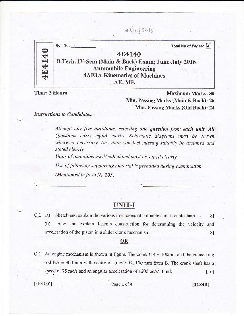 RTU 2016 Question Paper Semester IV Automobile Engineering Kinematics of Machines - Page 1
