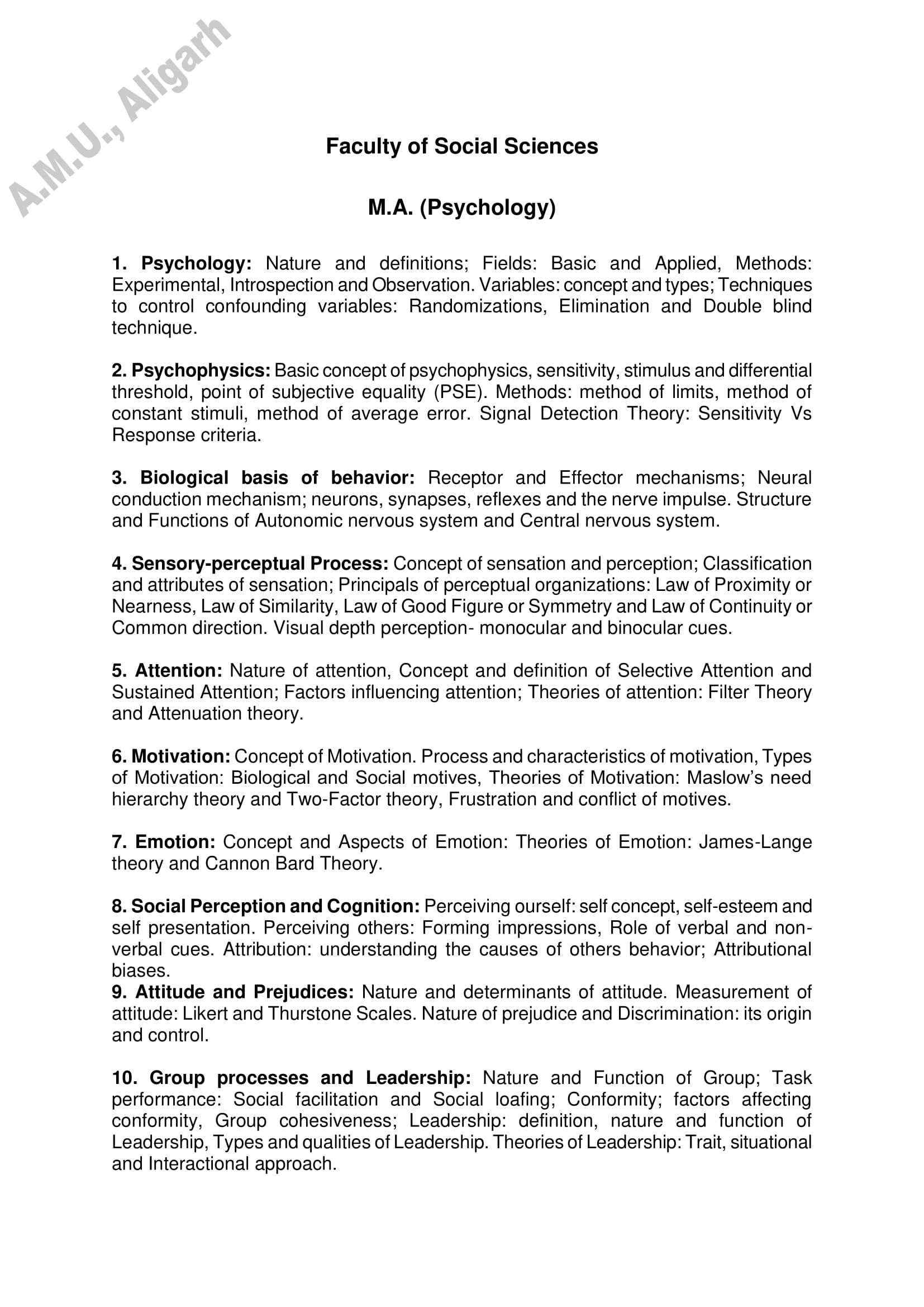 AMU Entrance Exam Syllabus for M.A. in Psychology - Page 1