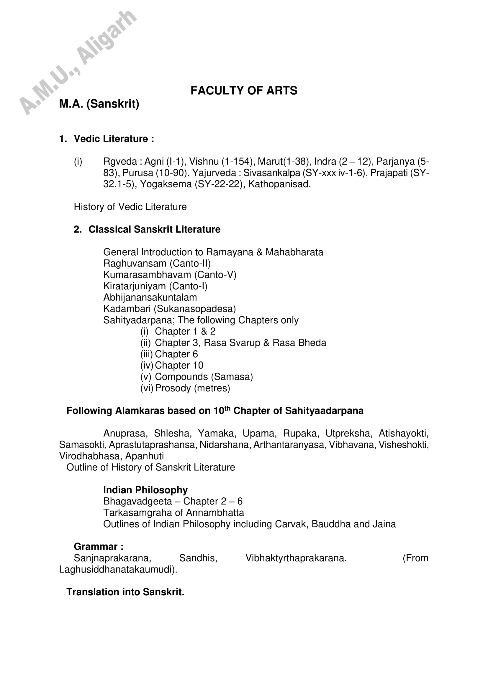 AMU Entrance Exam Syllabus for M.A. in Sanskrit - Page 1