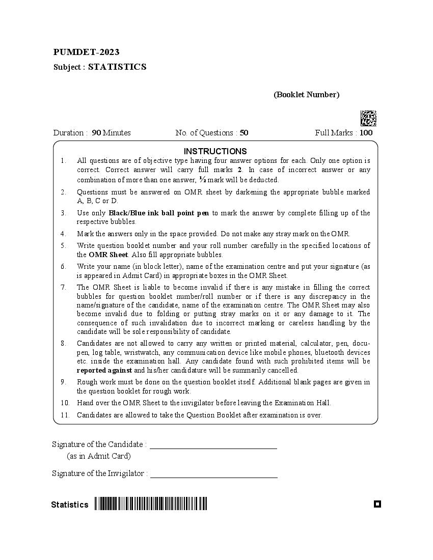 PUMDET 2023 Question Paper Statistics - Page 1