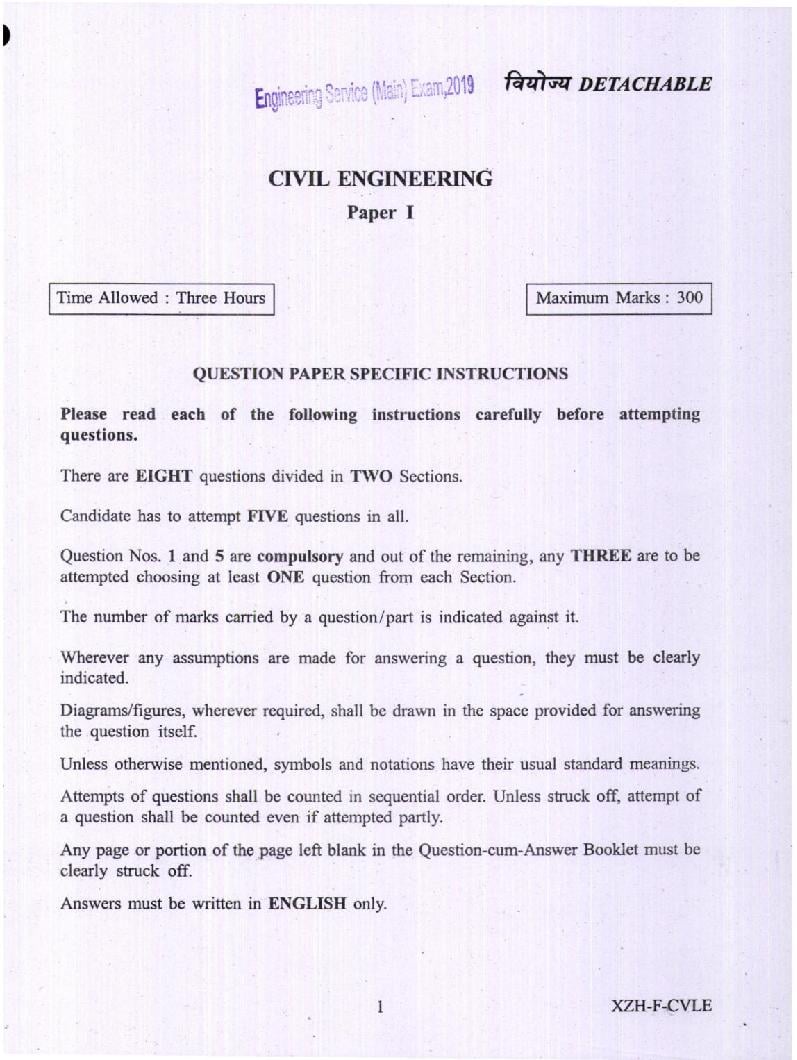 UPSC IES 2019 (Mains) Question Paper for Civil Engineering - Paper - I - Page 1