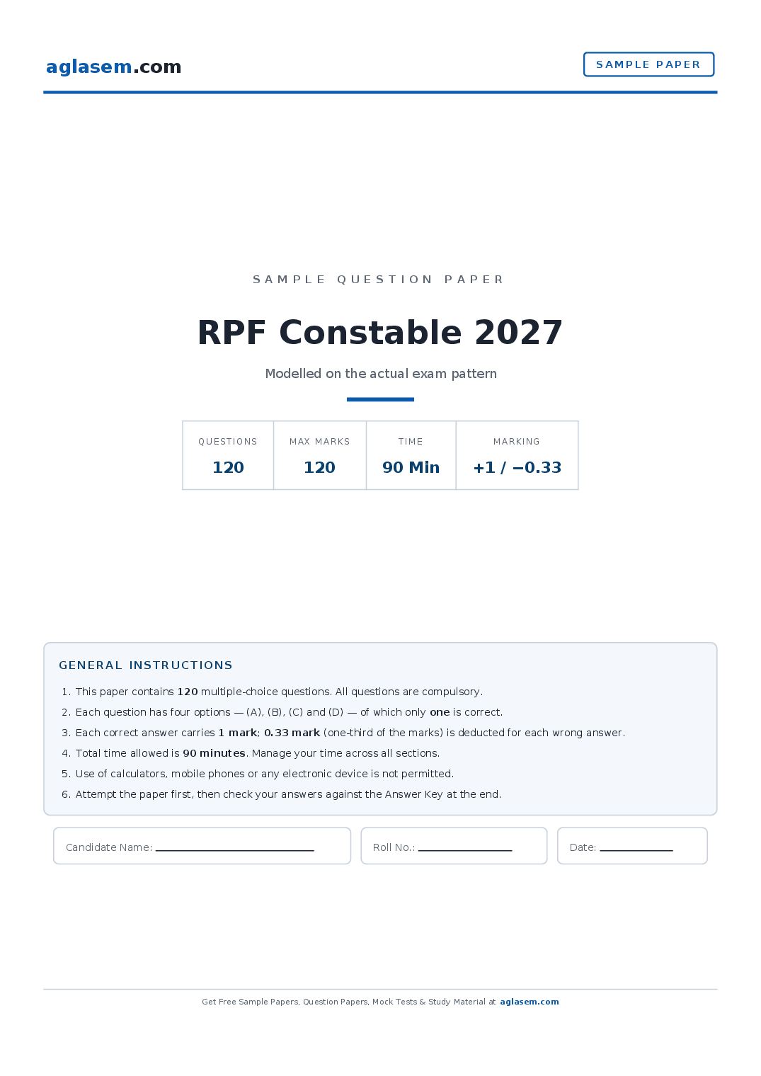RPF Constable 2027 Sample Paper - Page 1 of 15