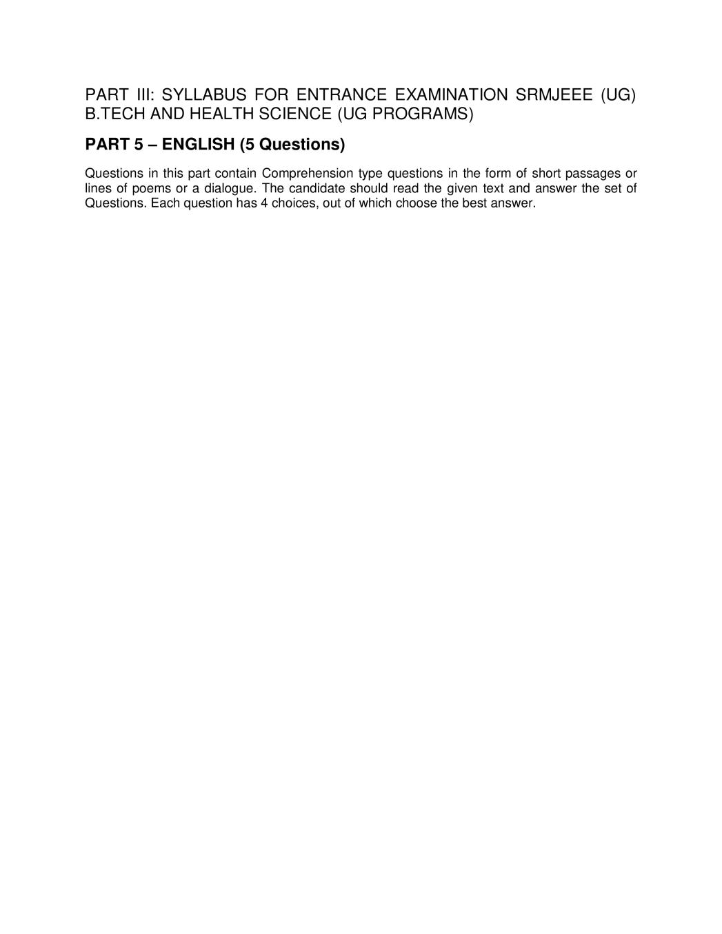 SRMJEEE 2020 Syllabus for English - Page 1 of 1