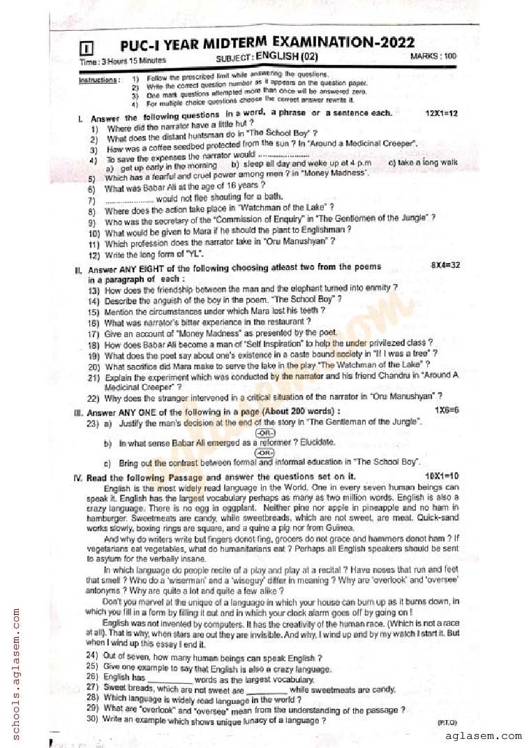 Karnataka 1st PUC English Mid Term Question Paper 2024 - Download PDF