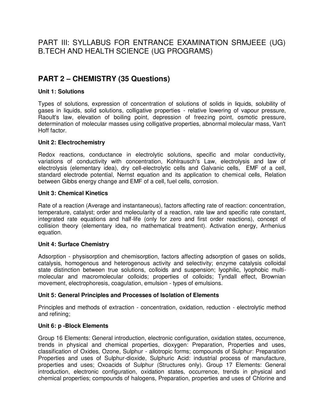 SRMJEEE 2020 Syllabus for Chemistry - Page 1 of 3