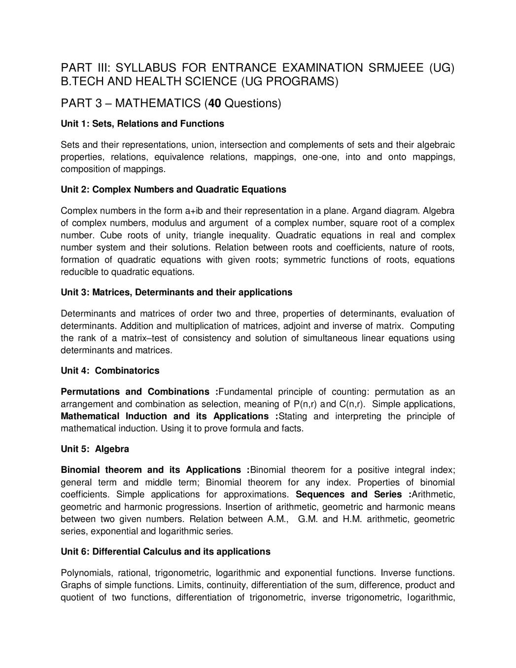 SRMJEEE 2020 Syllabus for Maths - Page 1 of 3