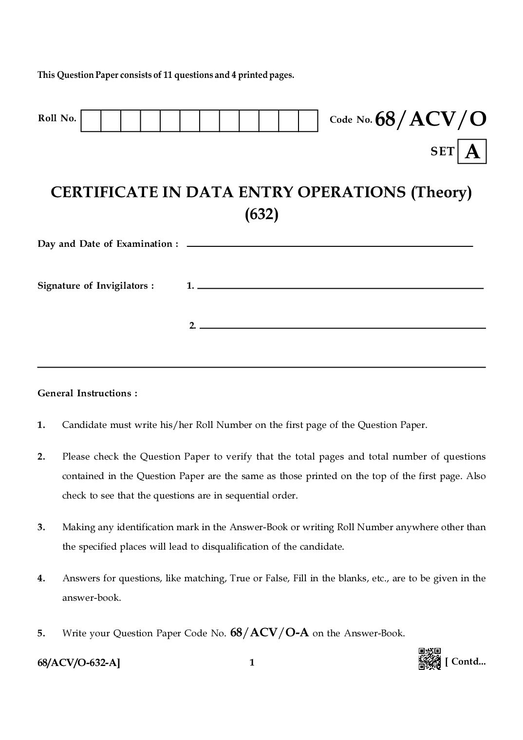 NIOS Class 12 October 2024 Question Paper Certificate in Data Entry Operations - Page 1 of 4
