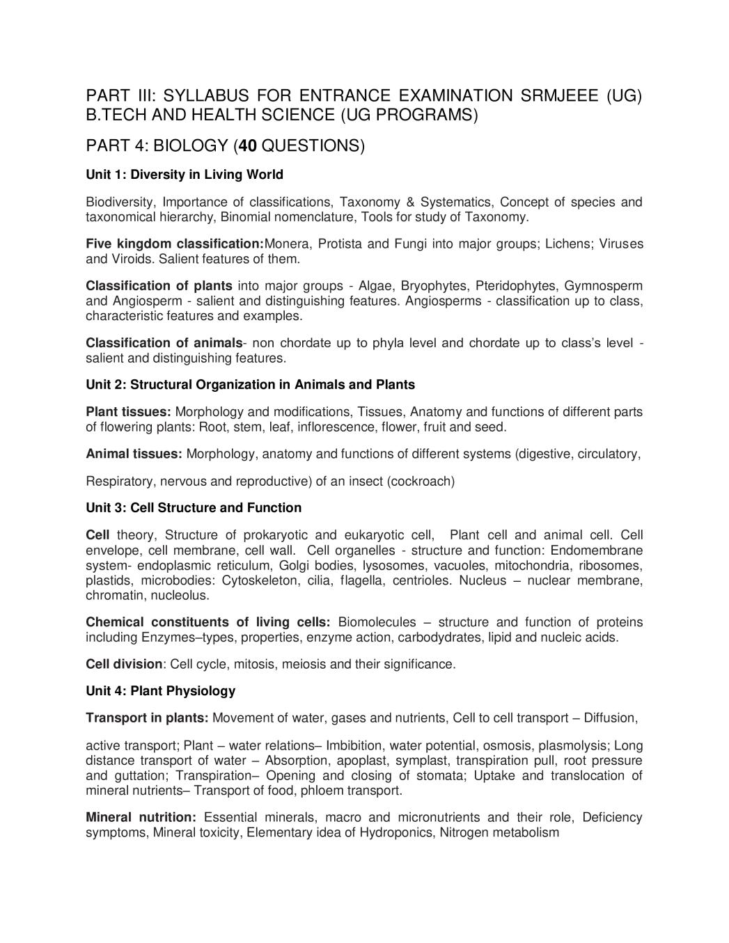 SRMJEEE 2020 Syllabus for Biology - Page 1