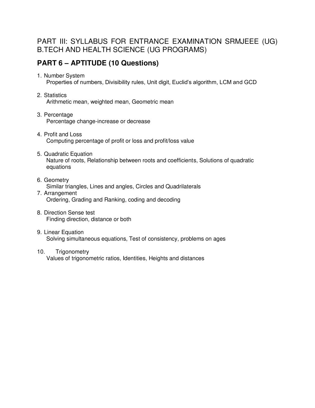 SRMJEEE 2020 Syllabus for Aptitude - Page 1
