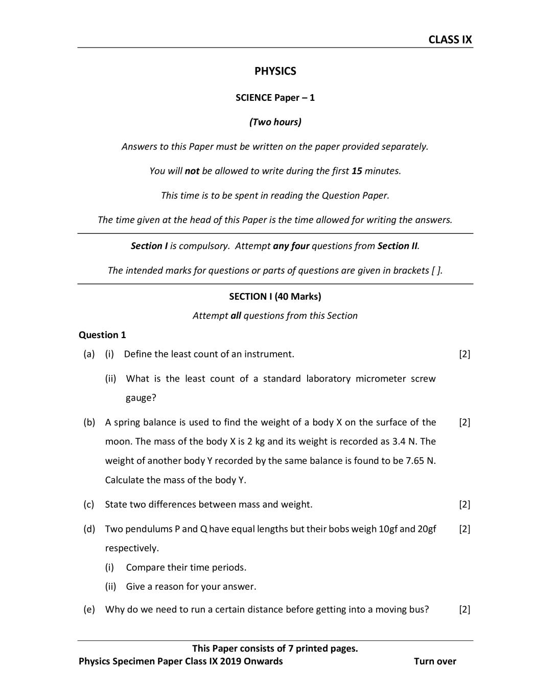 ICSE Class 9 Specimen Paper for Physics - Page 1